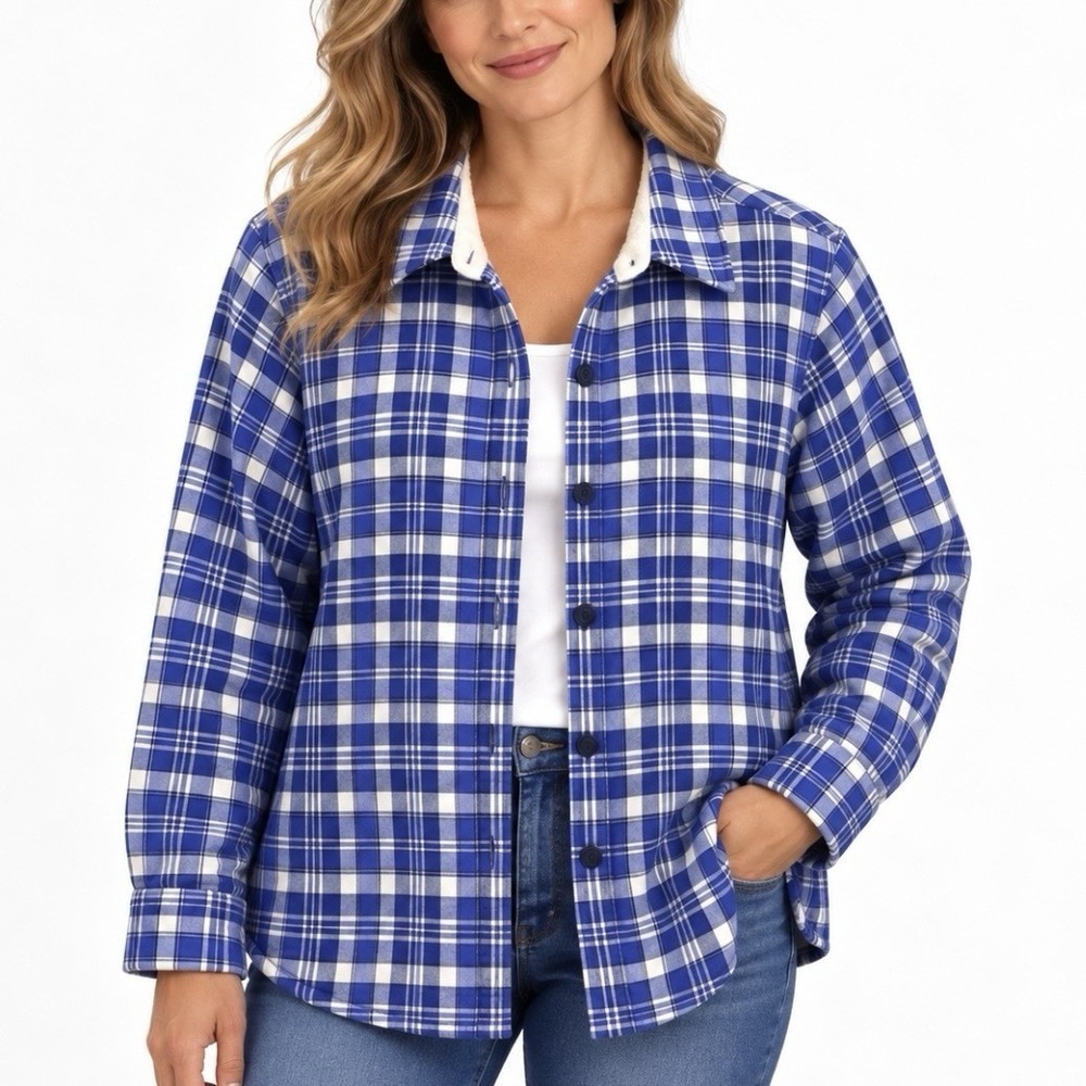 LL Bean Blue Plaid Fleece Lined Flannel Shirt Jacket Shacket MEDIUM PETITE